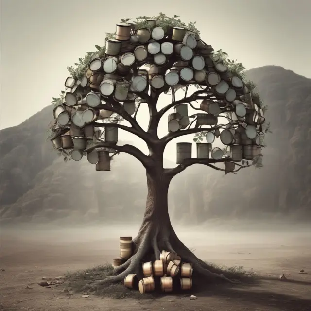 An image of a sturdy tree growing from oil barrels with a shield to represent the Heritage and Stabilization Fund