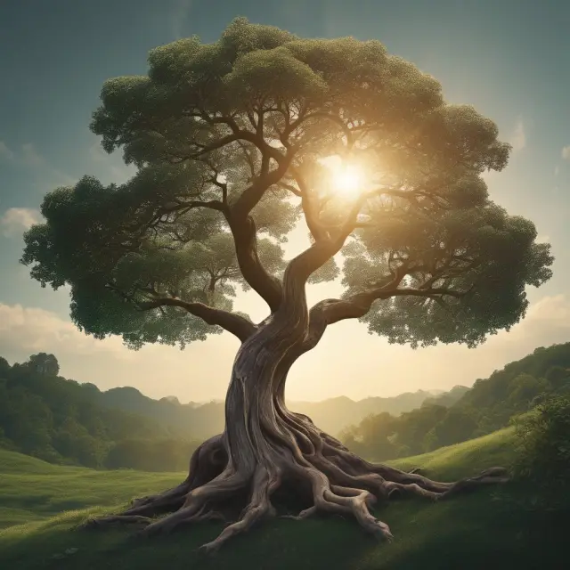 A tree with a question mark trunk, bearing branches loaded with questions, answered by leaves displaying the Herrick Payoff Index in action