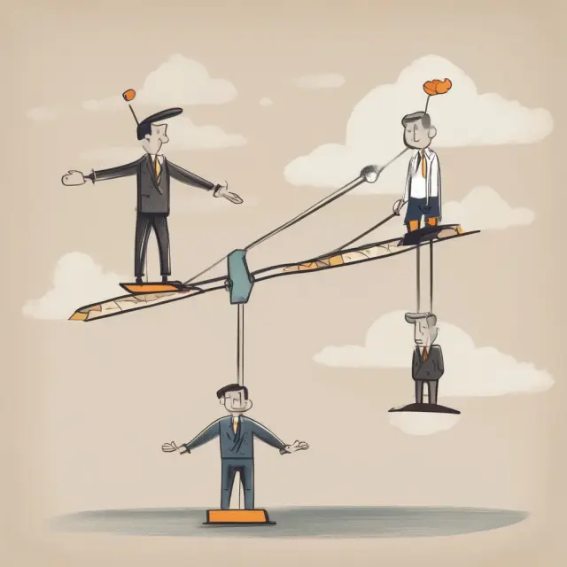 Leader on a seesaw balancing between rigid (traditional) and flexible (Hersey-Blanchard) leadership styles.