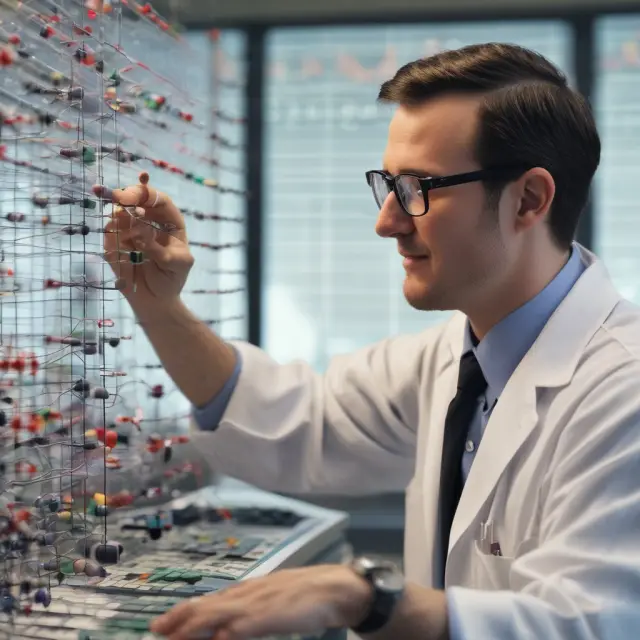 Lab scientist fine-tuning equations for the Heston Model, representing the complex calculations involved in modeling stochastic volatility