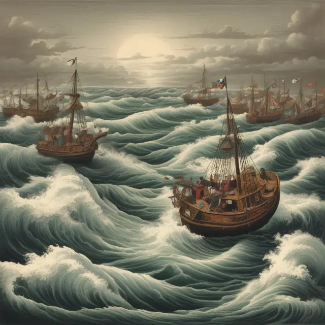 Visualization of Heston Model: boats (stock prices) sailing on a river of volatility, representing dynamic market conditions