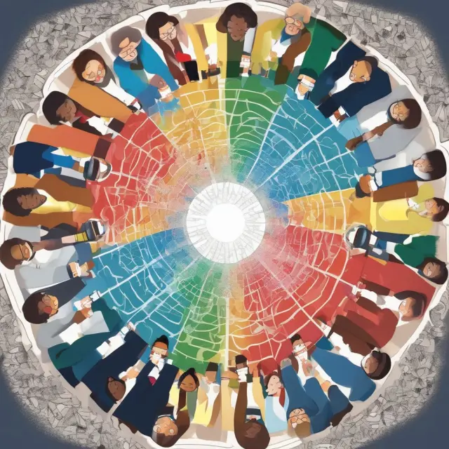 A colorful image of economists from various heterodox schools engaging in an intellectual kaleidoscope, fostering debates and insights into alternative economic perspectives