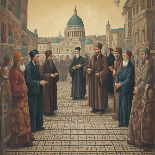 An image depicting two economists, one representing orthodox and the other heterodox economics, constructing a mosaic of new ideas from their differing perspectives