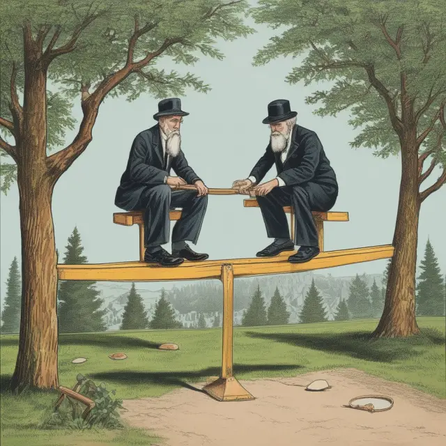 Two scholars discussing economics on a balance beam, one adhering to orthodox theories while the other advocates heterodox approaches