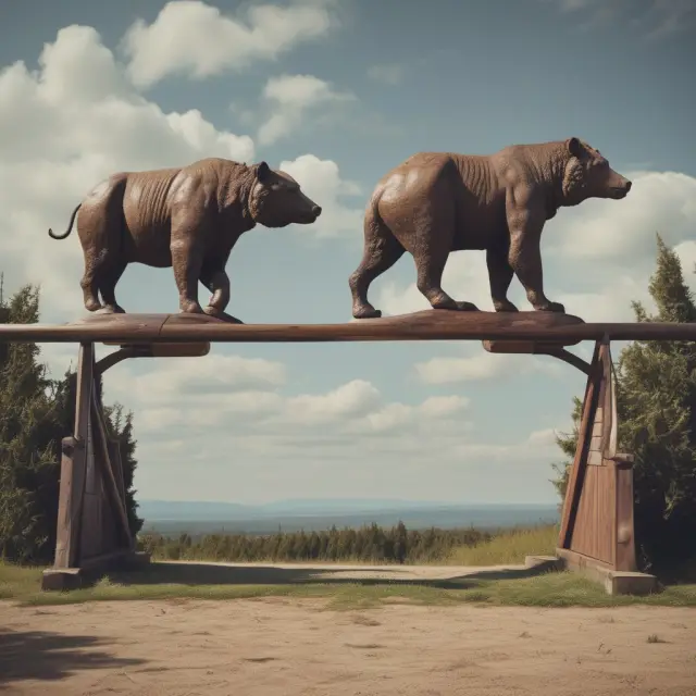 Bull (CAPM) and bear (multifactor models) symbolize financial models, demonstrating the need for both in understanding investment performance on a seesaw representing markets.