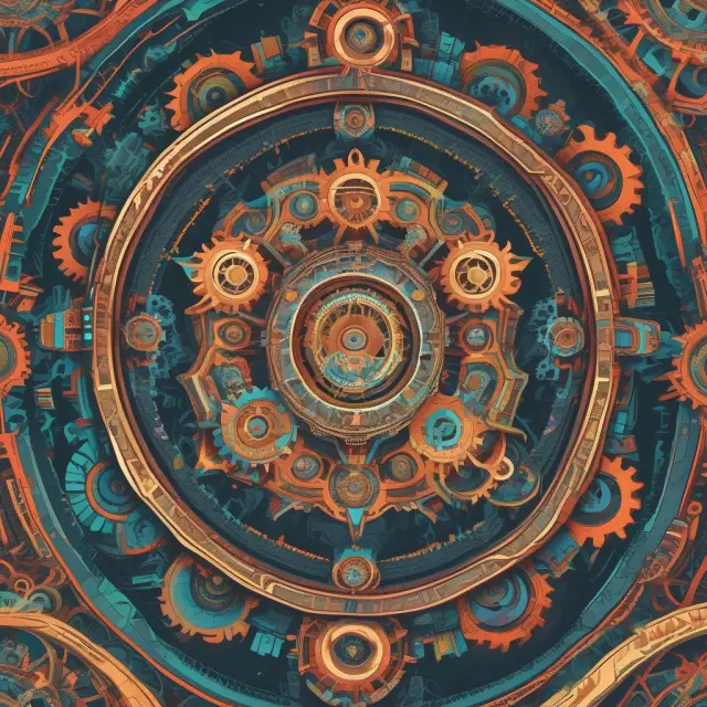 A kaleidoscope with four gears representing Size (market cap), Value/Growth, Momentum, and Quality factors in multifactor models that influence investment portfolio performance.