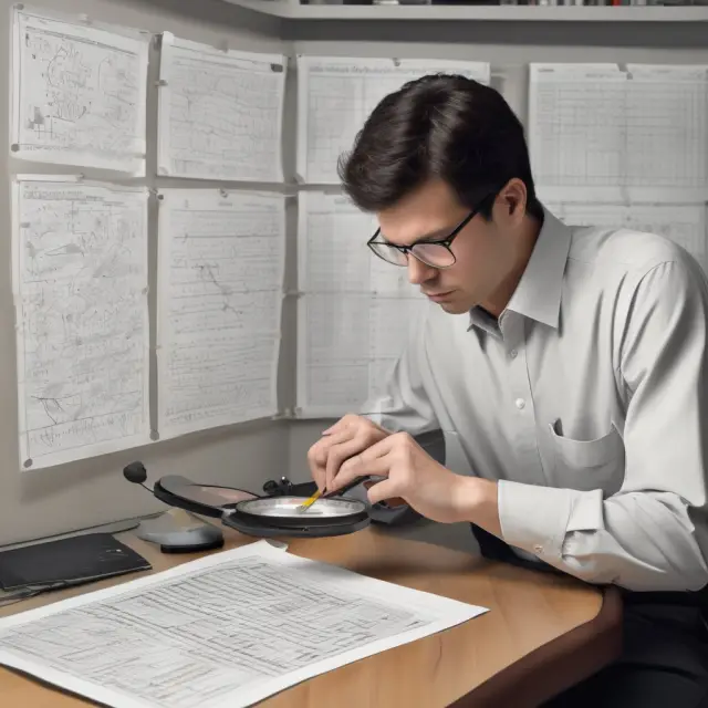 A statistician meticulously inspecting residual plots for varying variance levels, identifying potential heteroskedasticity.