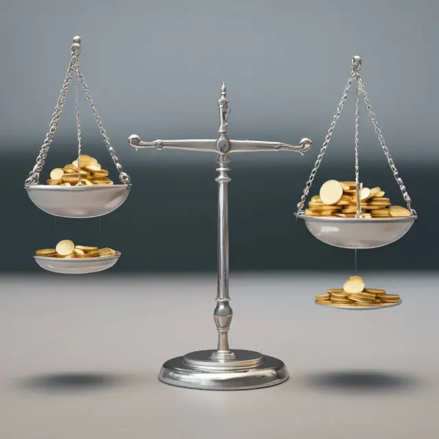 Gold and silver coins symbolizing data points, balance scale representing regression models, adjusting weights for heteroscedasticity