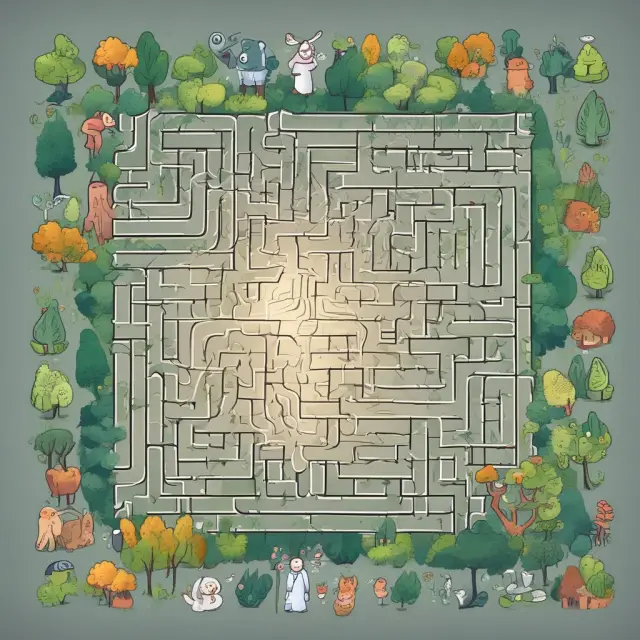 A labyrinth scene depicting a person (representing humans) using shortcuts (heuristics) and a robot (algorithm) following precise paths to reach the cheese (solution) in their respective ways