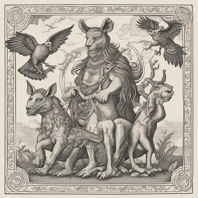 Mythical creatures symbolizing common heuristics in finance: Fallacy Fox leading Anchoring Antelope, Representativeness Raven, and Availability Owl guiding Hot Hand Hippo