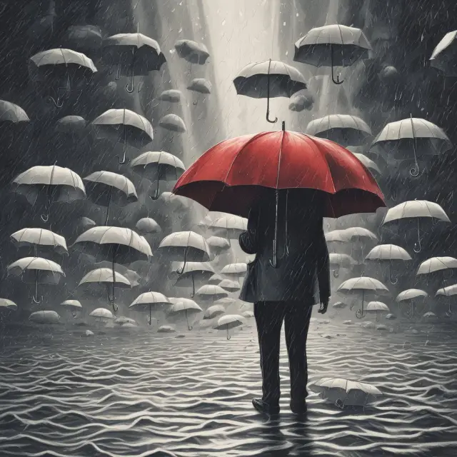 Investor in a stormy room with contrasting opinions, holding an umbrella to seek shelter from confirmation bias