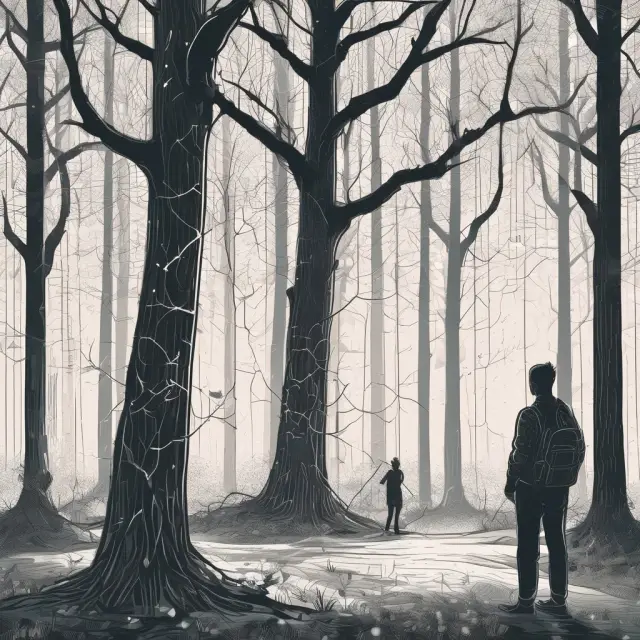 AI researcher constructing decision trees amidst a vast forest of data symbolizes efficient heuristic problem-solving in machine learning