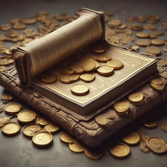 An old, ornate book releasing gold coins to symbolize the impact of German Commercial Code (HGB) on businesses and investors