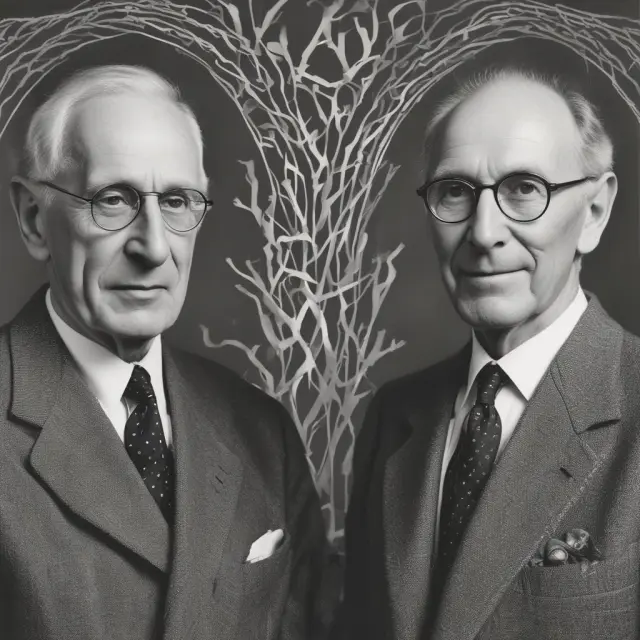 Two economists working at a table, creating the Herfindahl-Hirschman Index with interconnected branches representing collaboration and market concentration