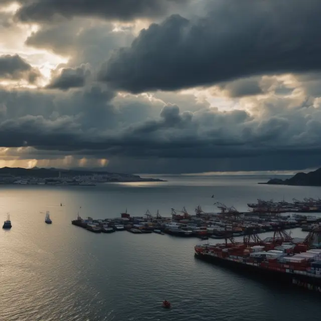 A tranquil harbor symbolizing HIBOR disrupted by approaching storm clouds, representing volatility and liquidity concerns impacting the Hong Kong Interbank Offered Rate