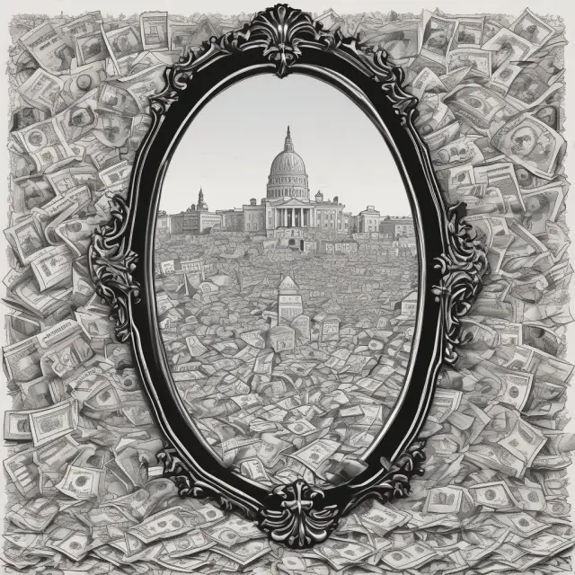 A mirror revealing various hidden tax-related elements such as consumers, governments, scales, coins, and a question mark.