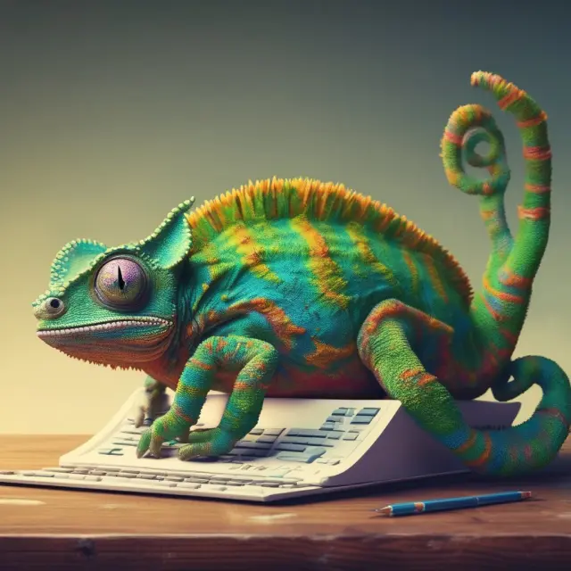 A chameleon applying digital camouflage to tax collection processes and hiding fees.