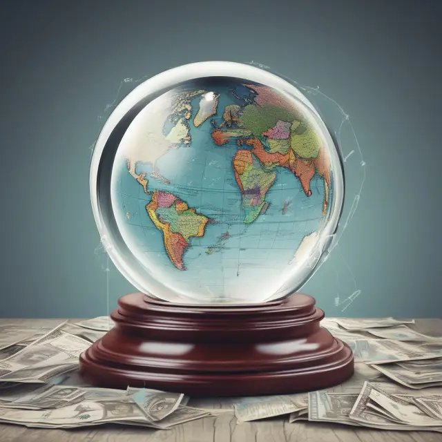 Crystal ball displaying future trends of hidden taxes, world map, and scales representing global economy