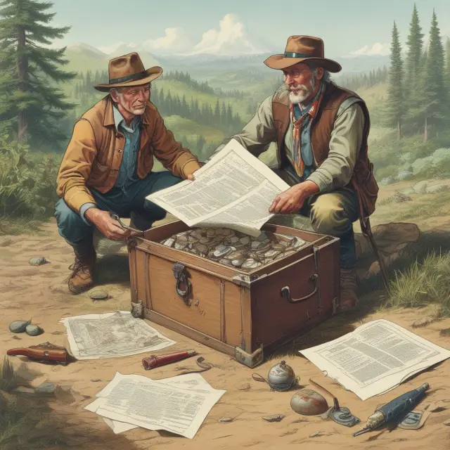 A value investor excavates a hidden treasure chest containing land deeds and patent blueprints, symbolizing the uncovering of undervalued land and intangible assets.