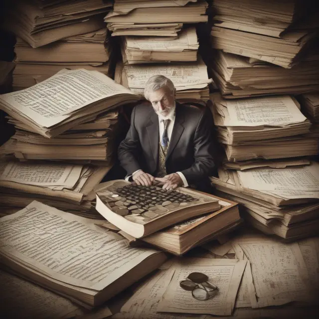 A value investor examining intricate financial documents, with golden coins emerging from a balance sheet