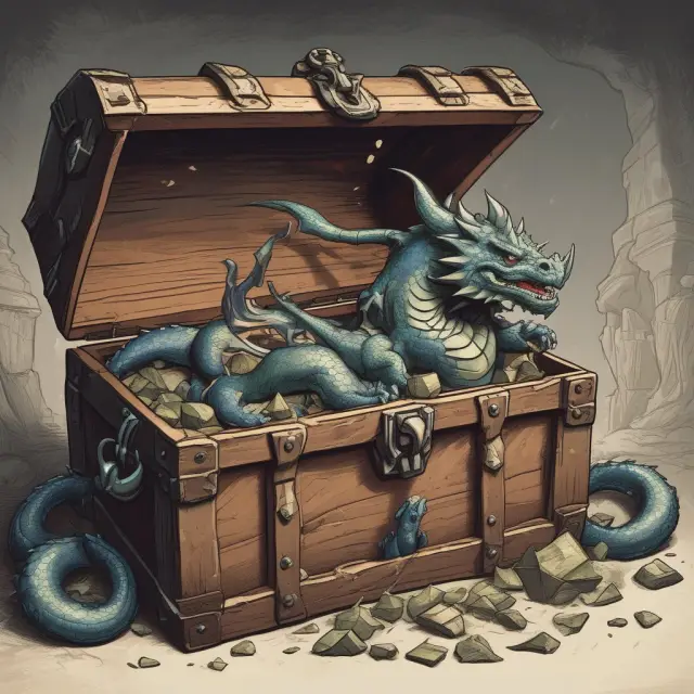 A hidden gem nestled within a treasure chest, guarded by dragons representing market volatility, valuation challenges, and competition