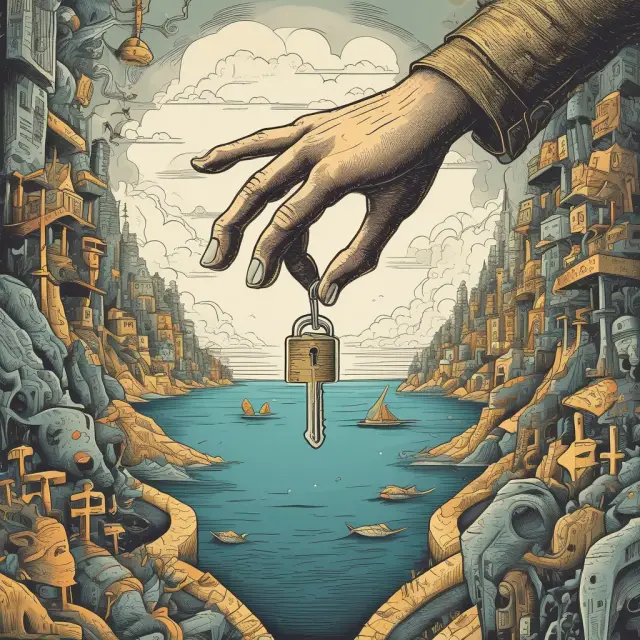 A person reaching across turbulent waters to grasp a golden key, with a bridge of trust forming behind them, representing the purchase stage in hierarchy-of-effects theory