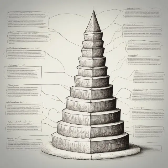 An unstable tower representing hierarchy-of-effects theory surrounded by other marketing theories that challenge it