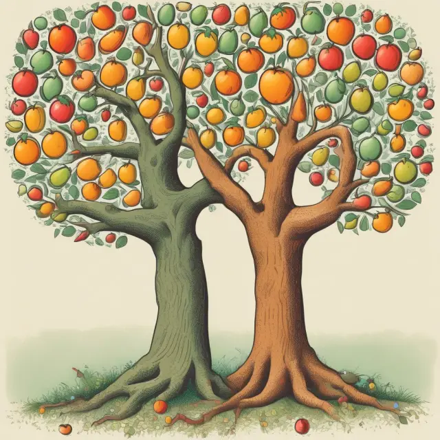 Two intertwining trees representing GAAP (left) and IFRS (right), with fruits/blooms illustrating differences converging towards a harmonious financial reporting landscape.