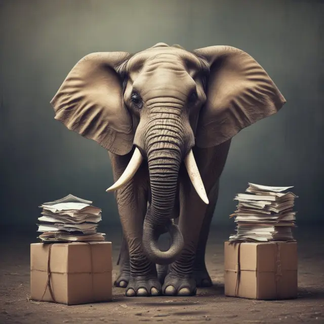 An elephant representing GAAP compliance carries a HIFO inventory trunk under observation from an auditing owl.
