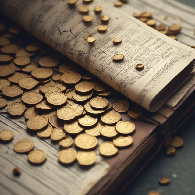Golden coins symbolizing high-cost inventory flowing from an ancient ledger, illustrating the Highest in, First Out accounting method.
