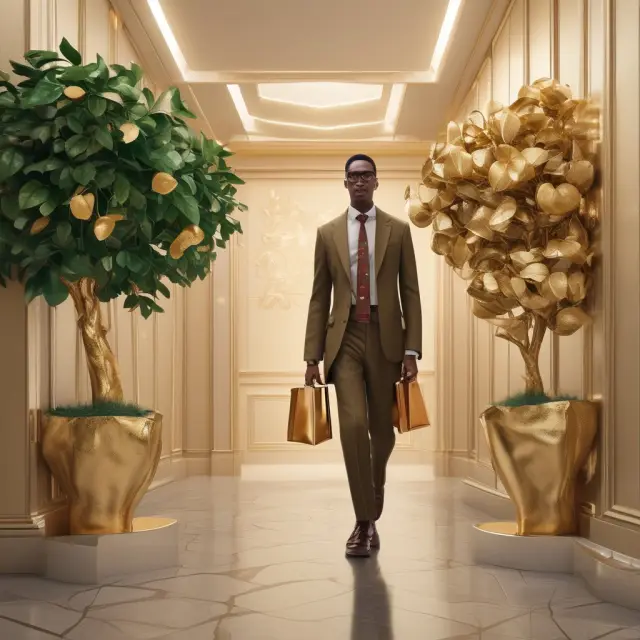 High Earner Not Rich Yet (HENRY) stepping out of golden money tree, carrying branded bags and gazing at mirror reflecting aspirational identity