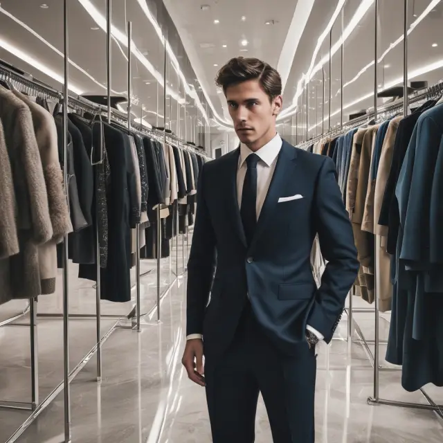 High earner interacting with luxury brands and looking into a reflective surface, symbolizing the potential for future wealth growth.