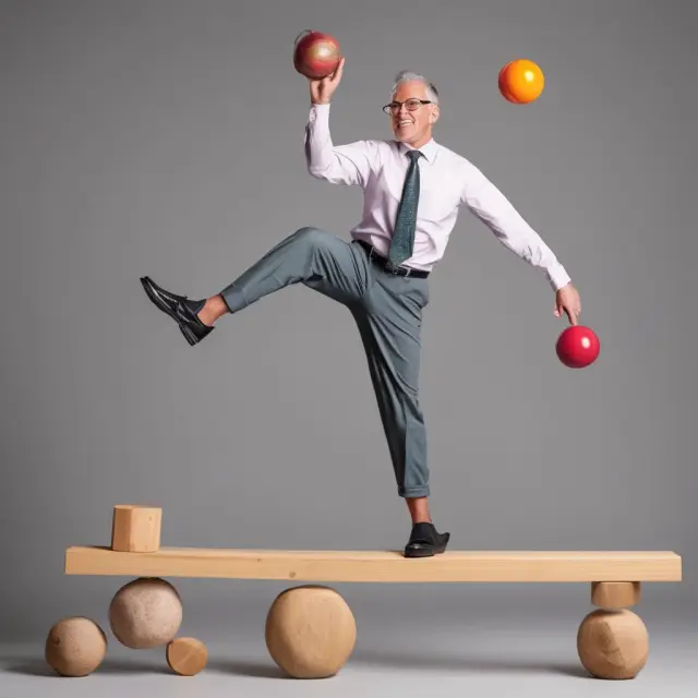 A man in business attire stands precariously on a tightrope, balancing retirement accounts, employer match contributions, and diverse investment options