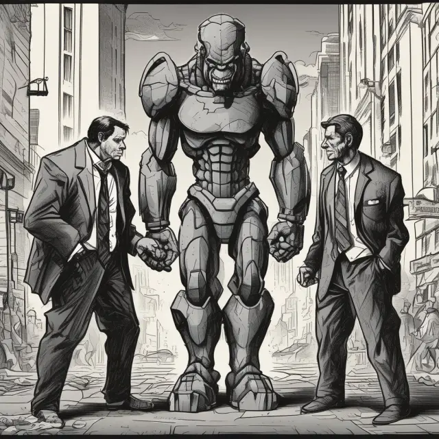 A battlefield where high-frequency trading giants clash with small investors, symbolizing the unequal playing field