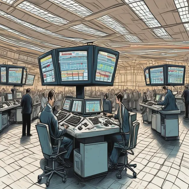 Algorithms battling it out on the stock exchange floor, symbolizing high-frequency trading and market dynamics