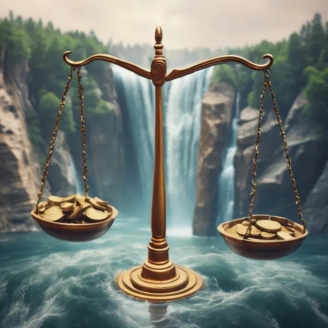 A scene where two scales balance the number of new highs against new lows on a river of stock market indices, highlighting the High-Low Index