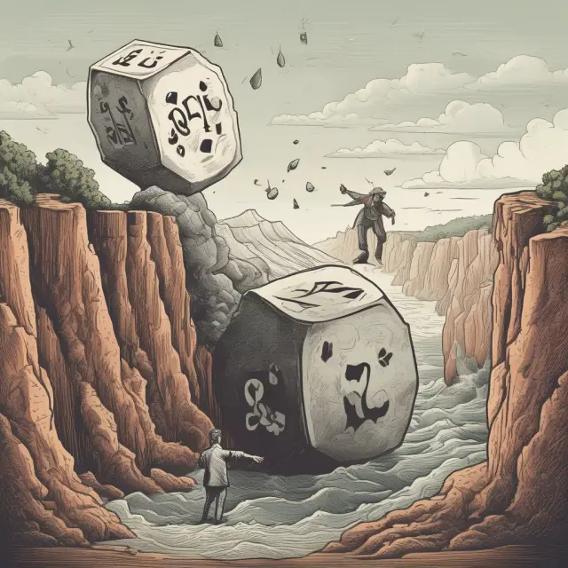 Two dice representing borrower and lender precariously balanced on an economic cliff edge, high-ratio loans in play