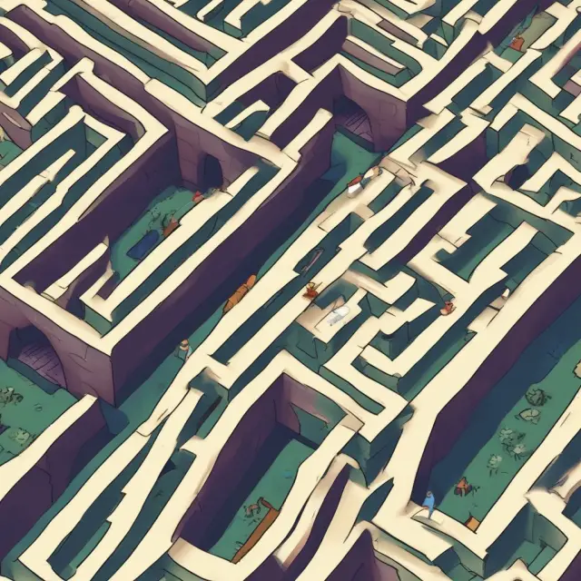 A complex maze represents high-ratio loans, with insurance agents navigating the path as borrowers seek guidance on risks and rewards