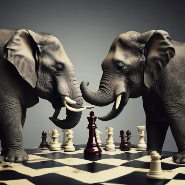 High-frequency trading: Elephant institutional investors vs Rhino retail investors compete on a chessboard, with high-speed data feeds as the powerful yet controversial king