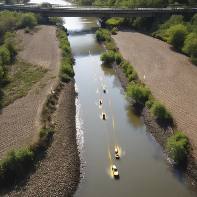 A calm river with regulators placing speed bumps to maintain a fair trading environment amidst the fast-flowing data.