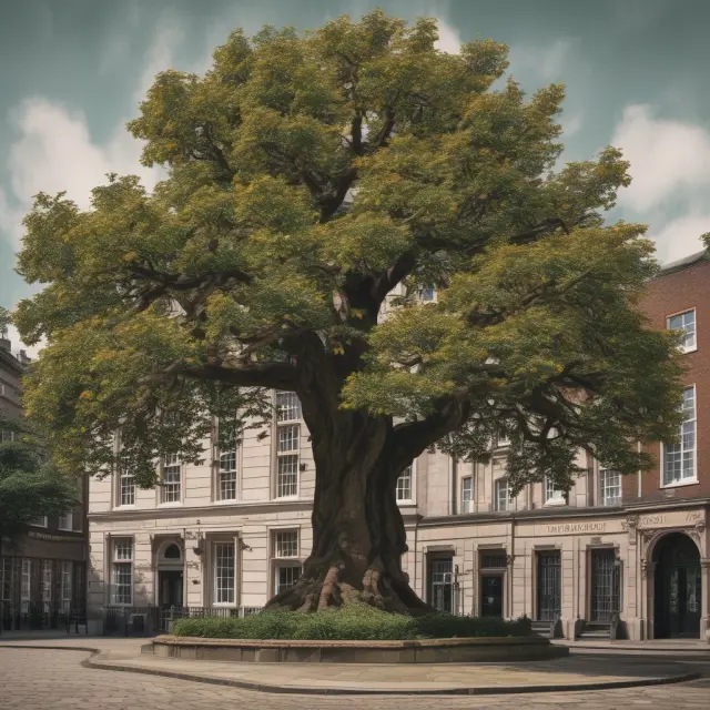 A sturdy tree representing Lloyds Bank, adorned with gold coins and reaching out to various regions in the UK.