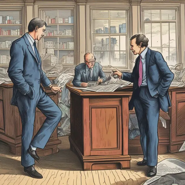 Bankers performing on a grand stage, strings attached to represent specialized services.
