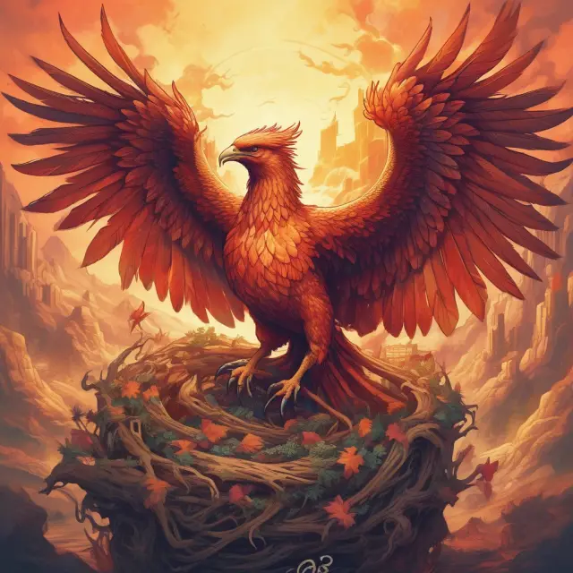 Phoenix rising from a nest of intricate financial papers, representing the illusion and secrecy of HYIPs