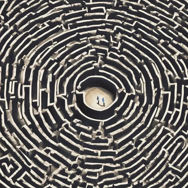 Ponzi scheme labyrinth illustration, with investors navigating interconnected schemes offering excessive guaranteed returns and complex financial instruments.
