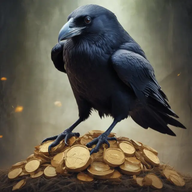 Raven holding stolen gold coins from an empty nest, representing the deceit of high yield investment programs (HYIPs)