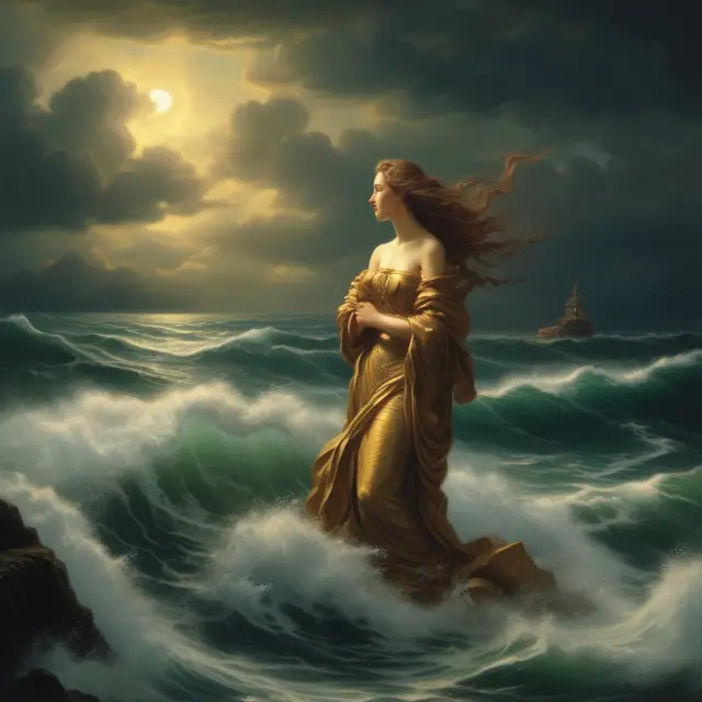 A siren enticing investors with gold coins amidst turbulent waters, representing the risk and allure of high-yield investment programs