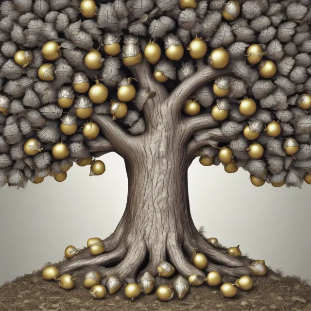 Golden acorns symbolizing value stocks and silver apples representing growth stocks growing on a historical tree with the HML factor as its trunk.
