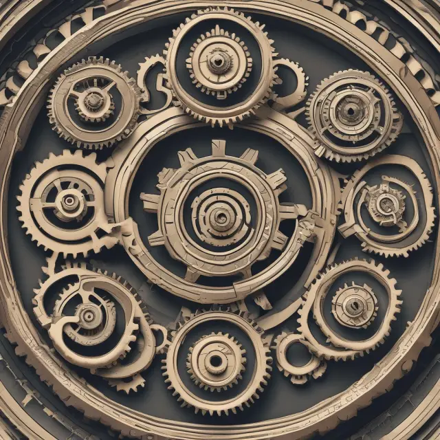 A metaphorical depiction of the Fama-French five-factor model represented as five gears, symbolizing HML, SMB, HP, IM, and the stock market wheel