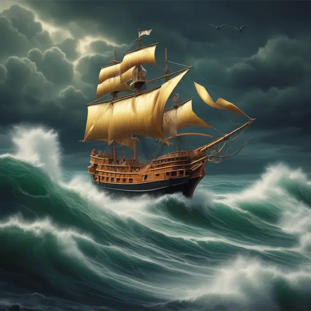 A tranquil fleet of value stocks represented by golden coins atop a serene ocean, contrasted with a turbulent sea of growth stocks symbolizing market instability