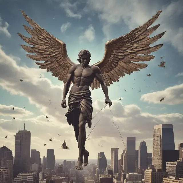 An image of a fallen angel transforming into a rising star against the backdrop of financial charts and graphs